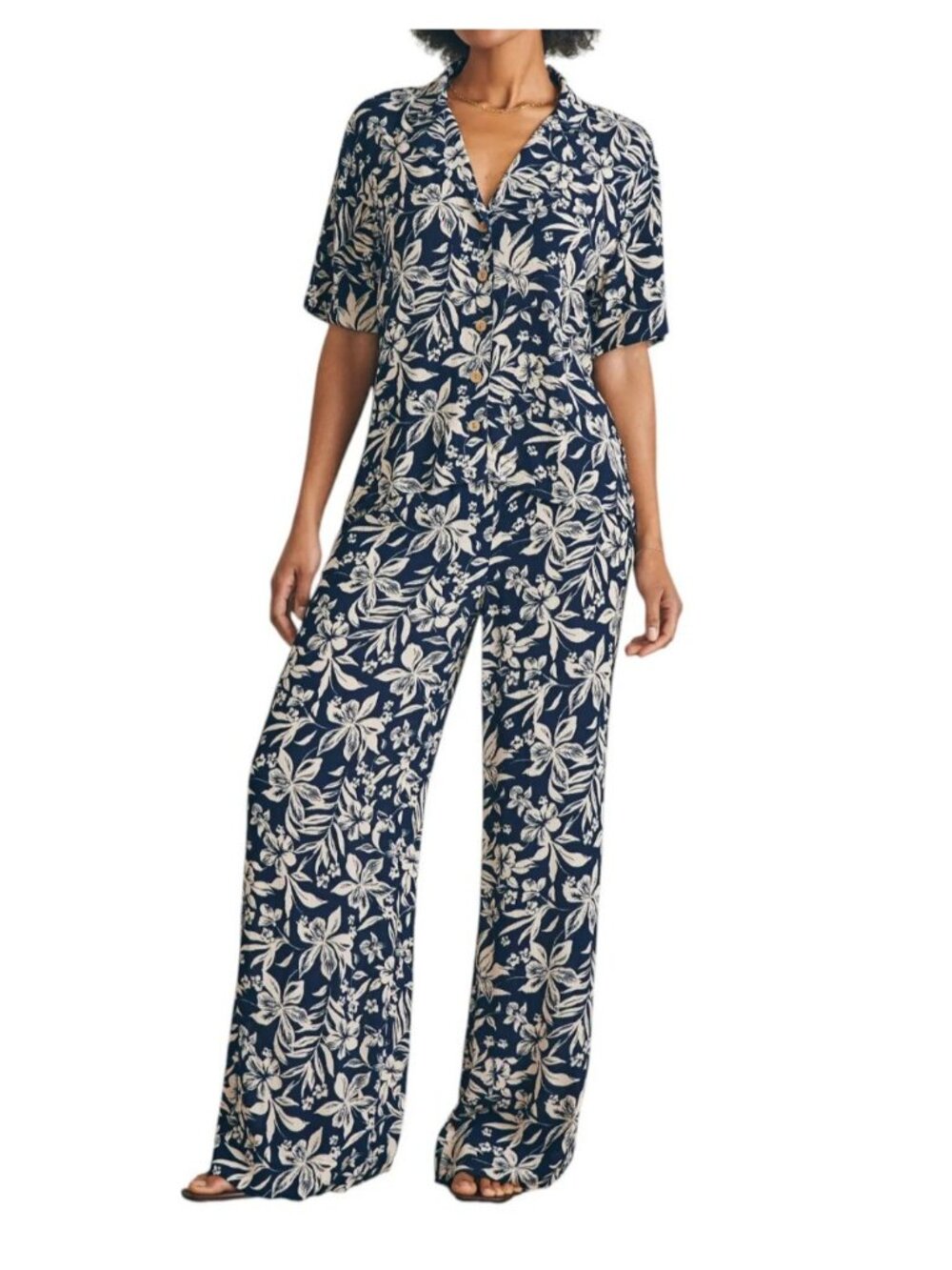 Faherty Women's Cabana Camp Short Sleeve Shirt in Navy Canopy Floral Size M
